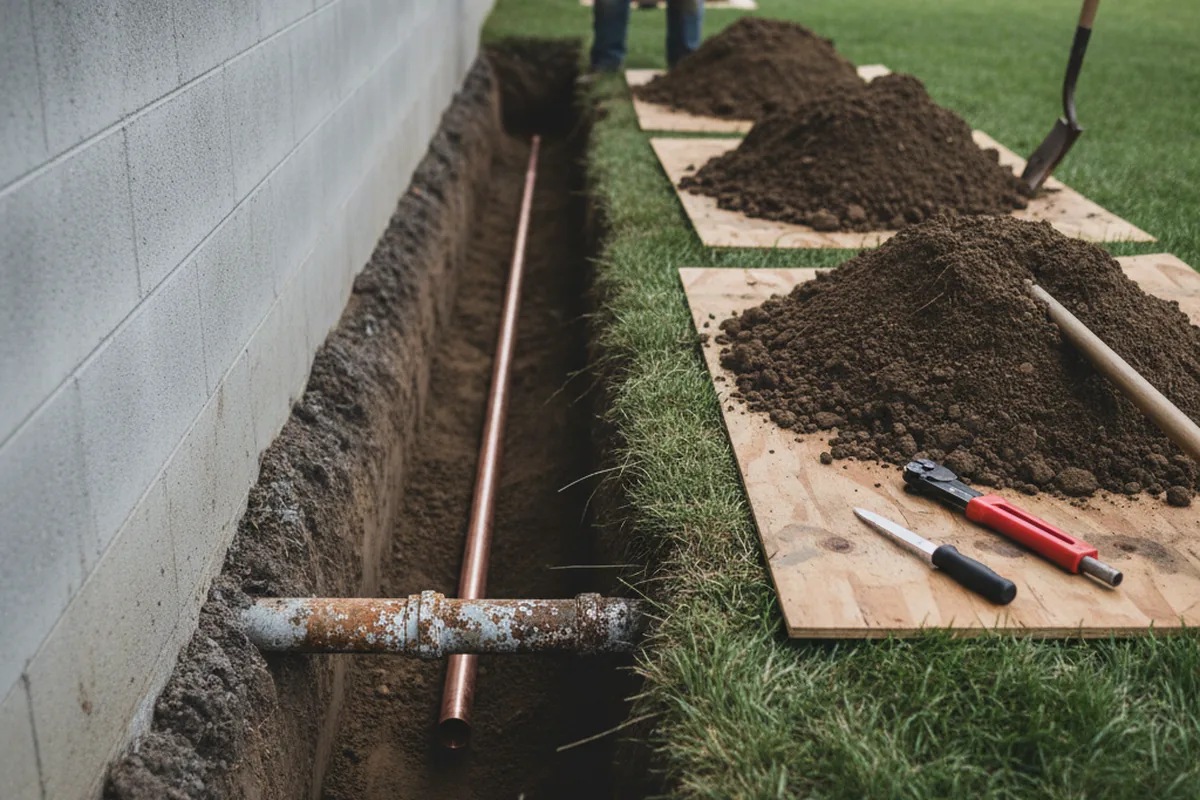 Excavated water line trench during Water Softener Installation in Weleetka